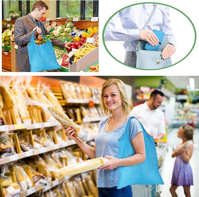100 Pack Reusable Grocery Bags Bulk Polyester Shopping Bags Foldable Shopping Tote Pouch for Grocery 50 Lbs Washable(Blue)