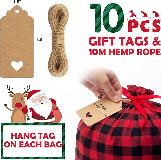 10 PCS Christmas Drawstring Gift Bags with Tags, Buffalo Plaid Xmas Gift Bags Assorted Sizes Bulk, Cotton Fabric Holiday Gift Bag Large Medium Small Wrapping Bag for Xmas Presents Decor Party Favors