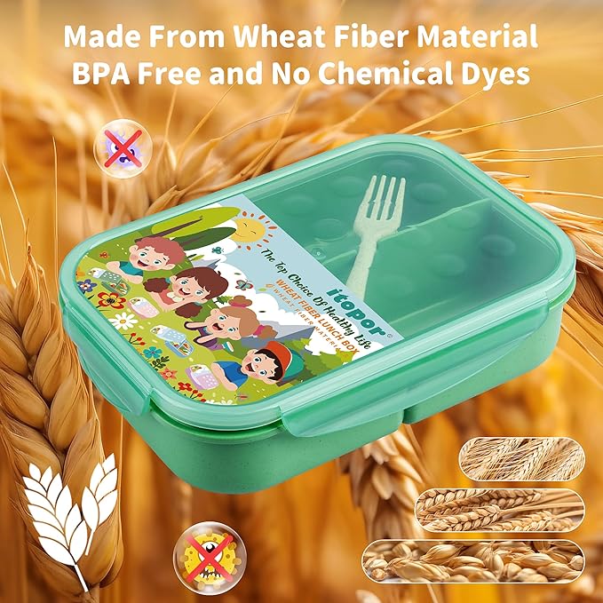 Wheat Straw Lunch Box - Leakproof Bento Box for Kids & Adults, BPA-Free 3-Compartment Food Containers, Microwave & Dishwasher Safe (Green, 5.5 Cup)