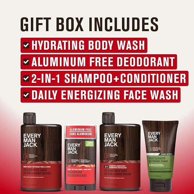 Every Man Jack Men's Bath and Body Gift Set - Cedar & Red Sage Scent - Clean Ingredients - Includes Hydrating Body Wash, 2-in-1 Shampoo, Aluminum-free Deodorant & Face Wash