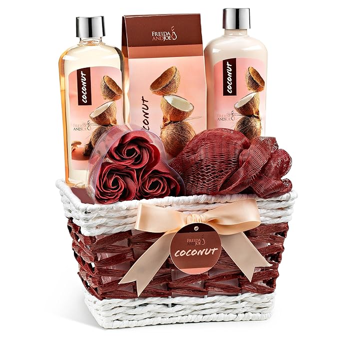 Coconut Spa Gift Basket, 6-Piece Bath & Body Set with Shower Gel, Body Lotion, Bath Salts, Soap Flowers, Bath Sponge in a Wicker Basket (Pink & Brown Set)