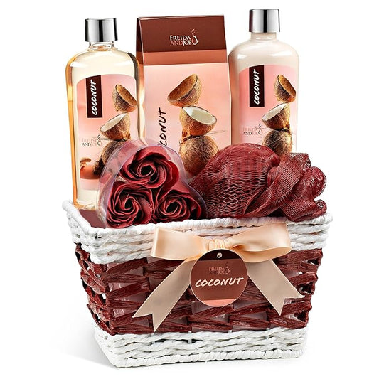 Coconut Spa Gift Basket, 6-Piece Bath & Body Set with Shower Gel, Body Lotion, Bath Salts, Soap Flowers, Bath Sponge in a Wicker Basket (Pink & Brown Set)