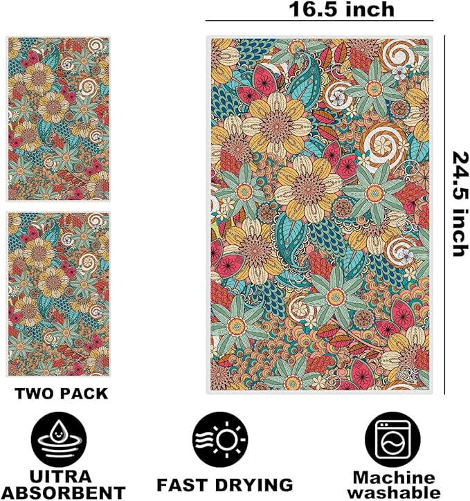 2Pcs Boho Floral Art Kitchen Towels 24x14 Inch, Vintage Flower Seamless Pattern Hand Towels for Kitchen Home Farmhouse Decor, Absorbent Microfiber Dish Cloth Tea Towel, Housewarming Gifts for Women