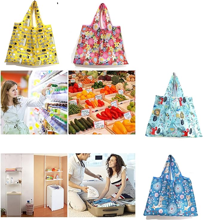 6 Packs Oxford Cloth Reusable Grocery Bags Cute Foldable Washable Grocery Bags Lightweight Shopping Tote Bags