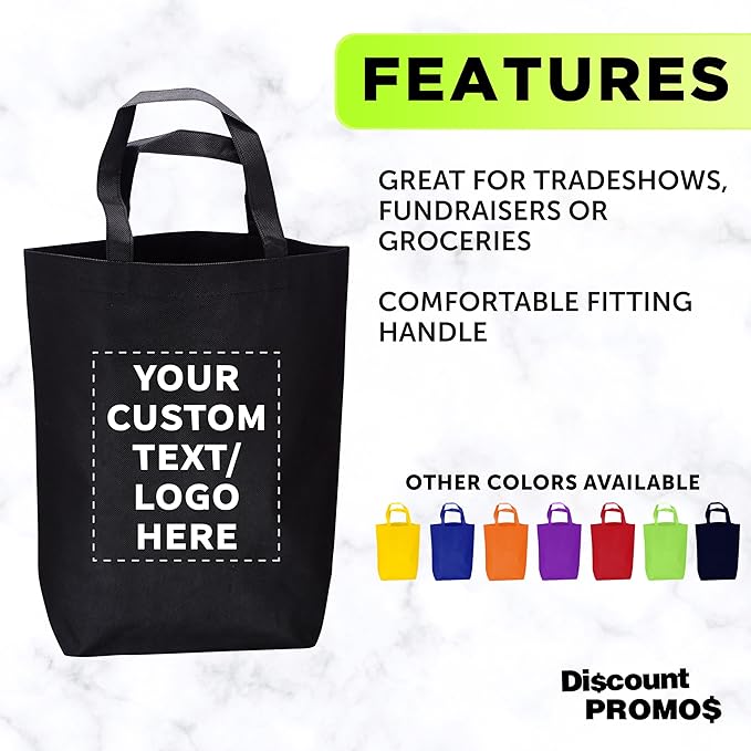 DISCOUNT PROMOS Large Reusable Heavy Duty Tote Bag Set of 10/50/100, Personalized Bulk Pack