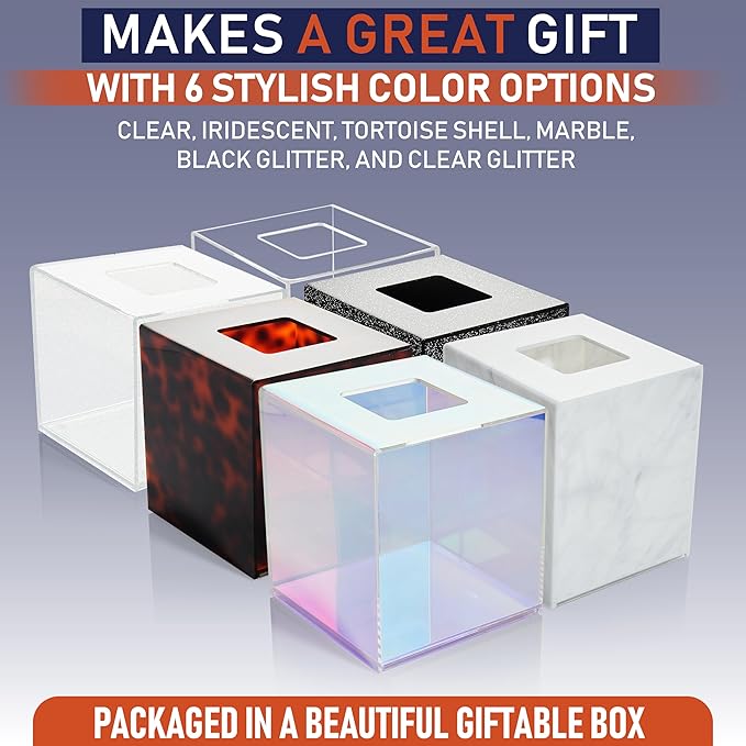 Acrylic Tissue Box Holder, Square Dispenser for Facial Tissues, Napkins, and Dryer Sheets. Perfect for Bathrooms, Desks, Countertops, Vanities, Bedrooms, and Nightstands (Square, Clear Glitter)