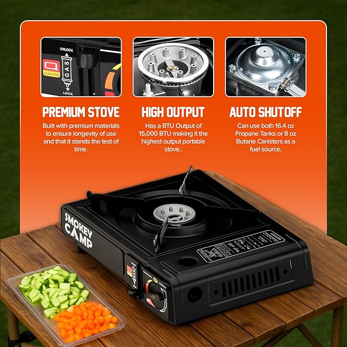 Portable Camping Stove with Plastic Suitcase 3000W Dual Fuel Compatable with Butane or Propane Fuel Tanks, Automatic Ignition, Precise Heat Control, for Camping, Hiking, and Outdoor Cookwing