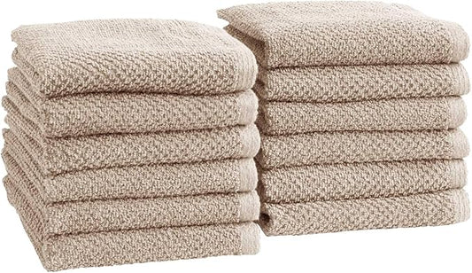 Great Bay Home Taupe Washcloth Set – 100% Cotton 12-Pack 13"x13", Absorbent & Quick-Drying, Soft & Durable
