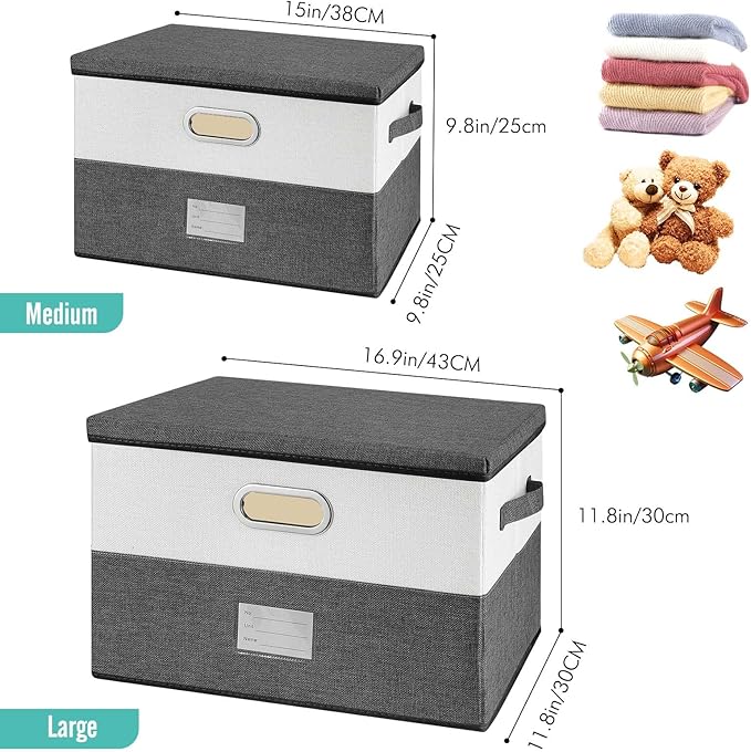 Large Linen Fabric Foldable Storage Bins with Removable Lid and Handles, Washable Storage Box Organizer Containers Baskets Cube with Cover for Bedroom,Office (Turquoise&Cream, Large(2-Pack))