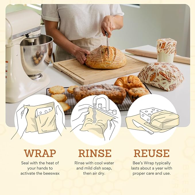 Bee's Wrap Beeswax Wraps for Food - Bread Wrap - Made in USA Reusable Bread Storage Bags - Organic & Eco-Friendly Alternative to Aluminum Foil, Sourdough Bags & Plastic Wrap, Bakery Lane