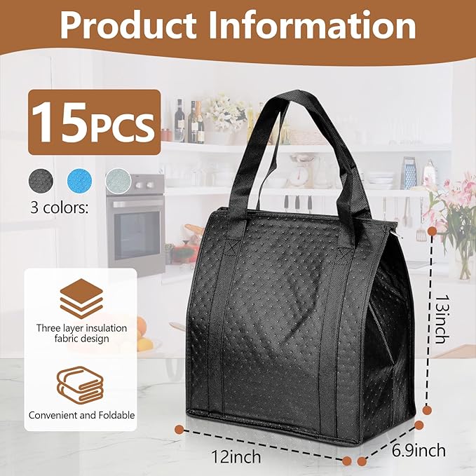 15 Pcs Insulated Cooler Bag – Reusable Cooler Bags with Zipper Top, Thermal Totes for Hot & Cold Food, Foldable, Washable, Sturdy Handles, Ideal for Shopping, Lunch Travel,(Black Blue Grey)