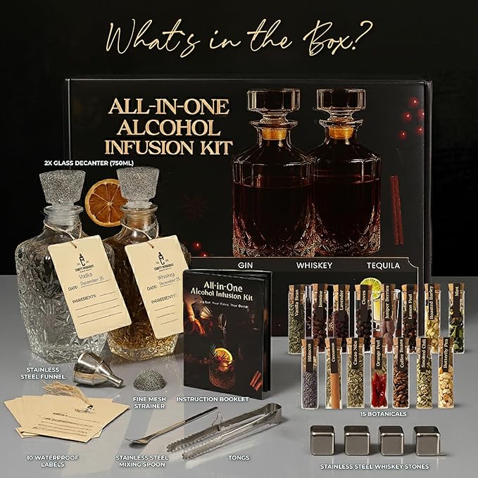 Alcohol Infusion Kit for Whiskey, Tequila, Rum, Gin & Vodka - Including Instructions Manual - Whiskey Gifts for Men - Home Bar Alcohol Gift Sets for Men