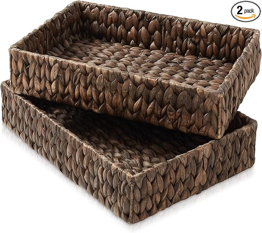 Casafield Set of 2 Bathroom Storage Baskets, Espresso - Water Hyacinth, 15.75" W x 11.25" D x 3.25" H, Woven Toilet Tank Topper Bins for Organizing Tissues, Toilet Paper, Toiletries, Shelves