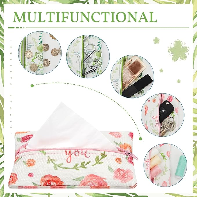 Kigeli 2 Pieces Purse Tissue Holder Travel Tissue Pouch for Purse Fabric Zipper Enclosed Pouches Reusable Flower Pattern Paper Holder for Coins, 5.25 x 3 Inches(Flower and Leaf)