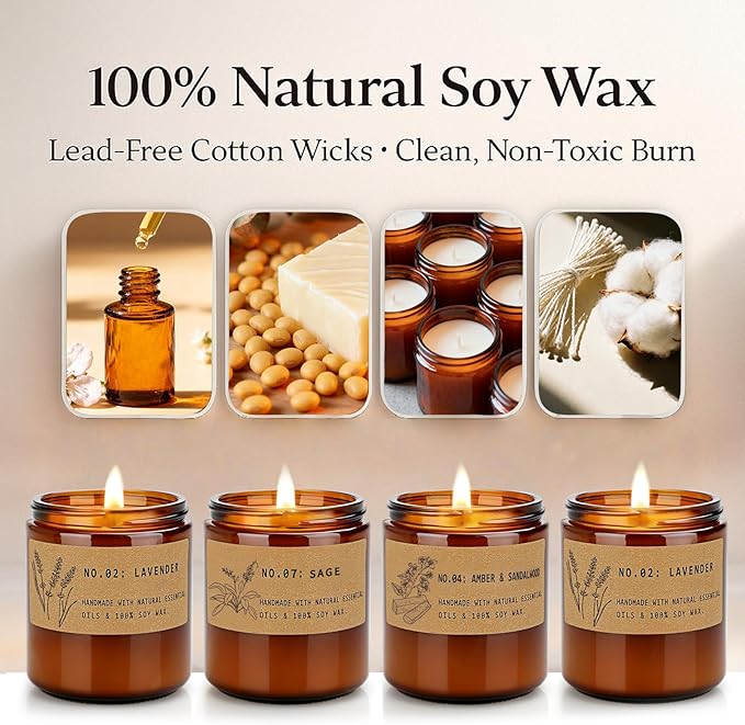 Christmas Candle Gifts for Women – Large 36 oz Scented Candle Gift Set, Natural Soy Wax Amber Jar Candles with Lavender & Sage, 4-Pack Aromatherapy Set
