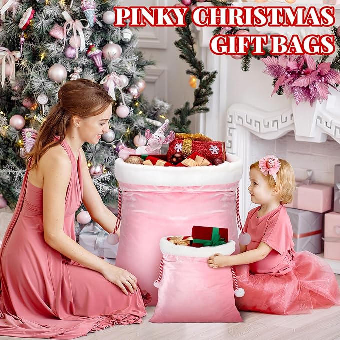 Shappy 2 Pieces Christmas Velvet Santa Bags with Drawstring in 2 Size Large Christmas Bags Santa Gift Sack for Xmas Playing Present Toy(Pink)