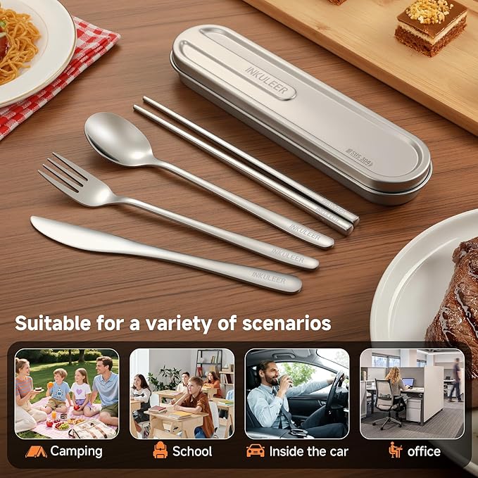 Travel cutlery set, 18/8 stainless steel cutlery, Reusable utensils set with case, Portable Silverware Lunch Box for Camping and Office