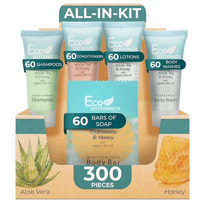 Terra Pure Eco Botanics Hotel Soaps & Toiletries Bulk Set | 0.85oz Hotel Shampoo & Conditioner, Body Wash, Body Lotion & Bar Soap Travel Size | 300 Pieces