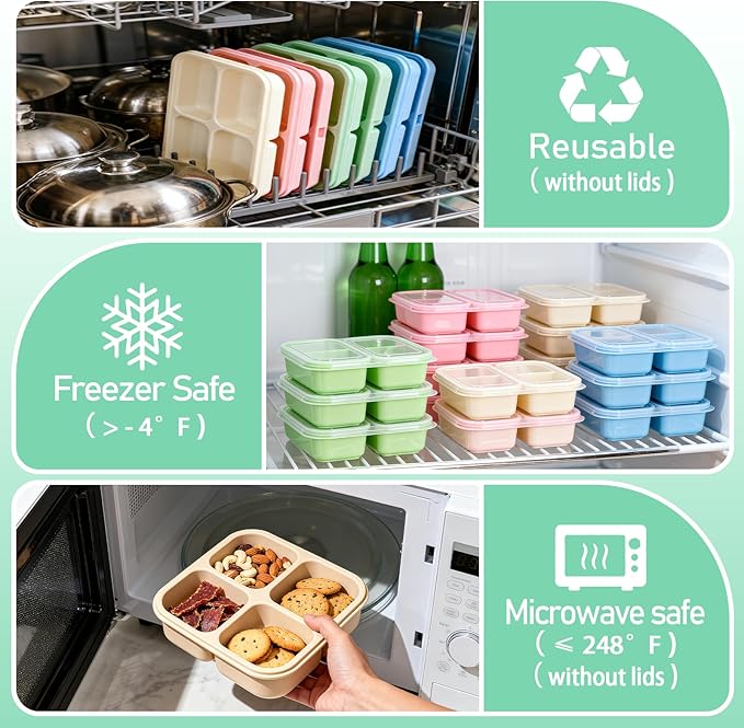 4 Pack Bento Snack Containers, 4 Compartment Divided Meal Prep Lunch Box Containers, Wheat Straw Reusable Food Storage Lunchable Container for Work Travel Picnic