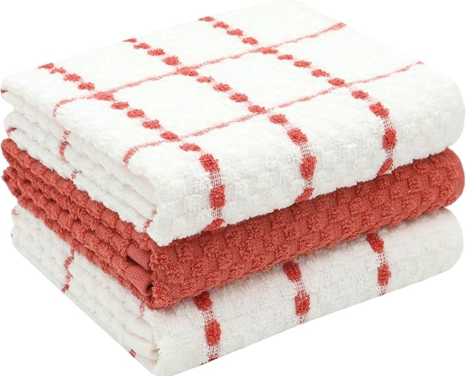 Cotton Dish Towels for Kitchen Drying Dishes, Set of 3, Terry Kitchen Hand Towels, Light and Soft Tea Towels for Baking, 15 Inch x 25 Inch (Red Set)