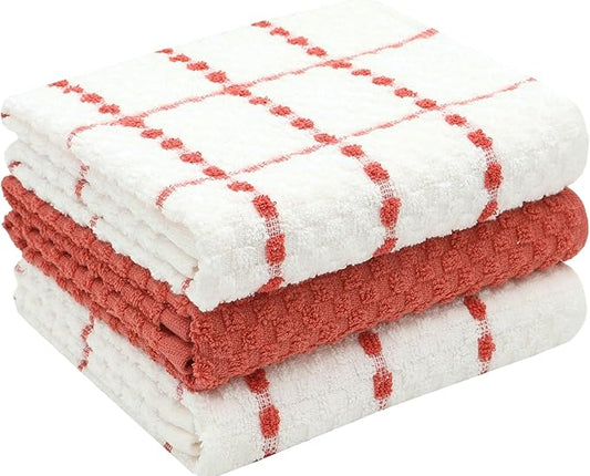 Cotton Dish Towels for Kitchen Drying Dishes, Set of 3, Terry Kitchen Hand Towels, Light and Soft Tea Towels for Baking, 15 Inch x 25 Inch (Red Set)