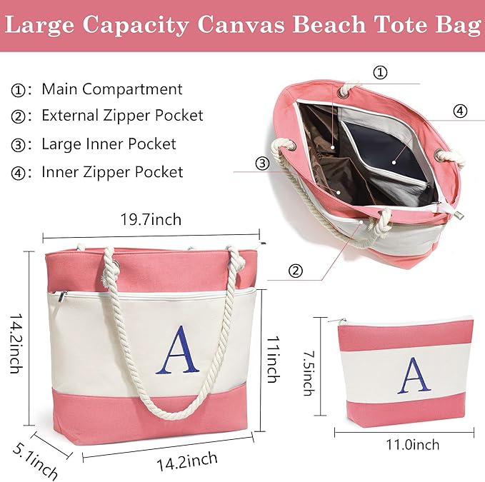 YOOLIFE Christmas Gifts for Women - Personalized Initial Canvas Beach Bags for Women Gifts for Mom Teacher Friend Birthday
