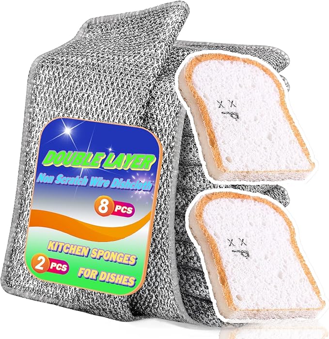 Non Scratch Wire Dishcloth 8 Pack with 2pcs Kitchen Sponges for Dishes, Double Layer Wire Dish Washing Cloth,Powerful Cleaning Non-Scratch Wire Dishcloth Rag for Cookware, Sinks, Dishes, Stove Tops