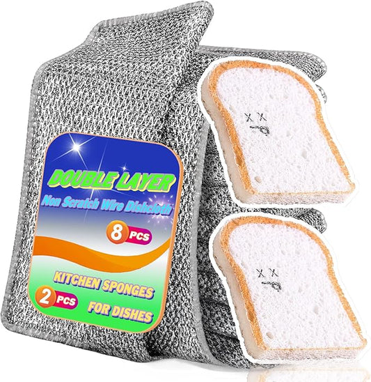 Non Scratch Wire Dishcloth 8 Pack with 2pcs Kitchen Sponges for Dishes, Double Layer Wire Dish Washing Cloth,Powerful Cleaning Non-Scratch Wire Dishcloth Rag for Cookware, Sinks, Dishes, Stove Tops