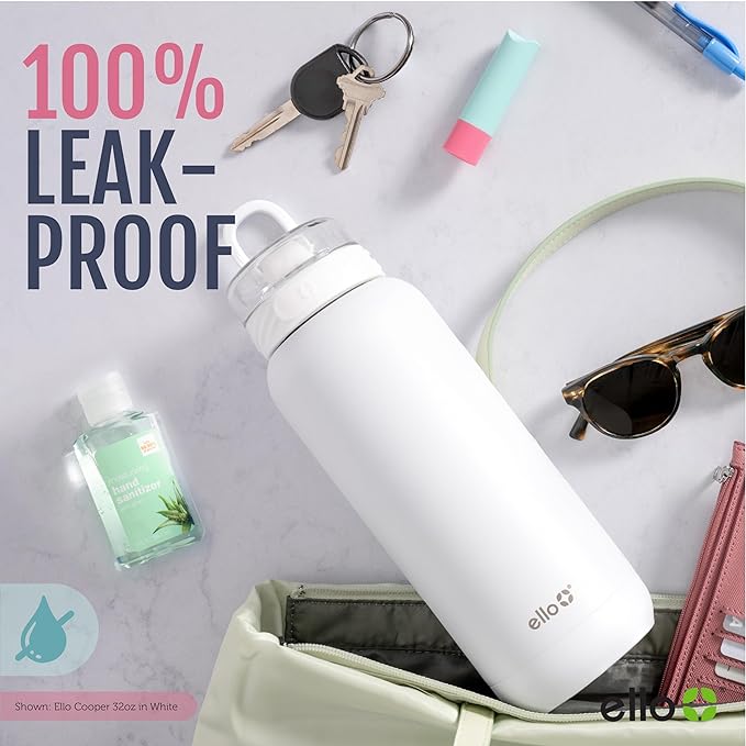 Ello Cooper 40oz Stainless Steel Water Bottle with Straw and Carry Handle, Double Walled and Vacuum Insulated Metal, Leak Proof Locking Lid with Soft Silicone Spout, Reusable, BPA Free, Lilac