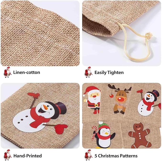 Homum 25 Pcs Christmas Burlap Gift Bags with Drawstring and Tags - 7x9 Inch Tiny Small Gift Bags for Xmas Candy and Christmas Supplies
