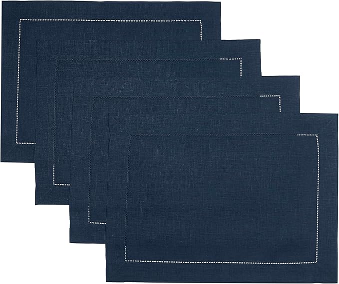 D'Moksha Homes Linen Placemats Set of 4 - Classic Hemstitch Navy Blue Placemats 14 x 19 Inch - 100% Pure Linen Table Mats for Winter, Christmas, Holiday - Handcrafted and Machine Washable