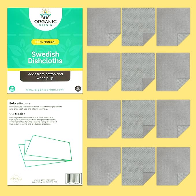 Organic Origin Swedish Dishcloths 12 Pack - Reusable Paper Towel Replacement Kitchen Towels - Machine Washable Cellulose Sponge Cloths - Biodegradable Dish Rags Ultra Absorbent Natural