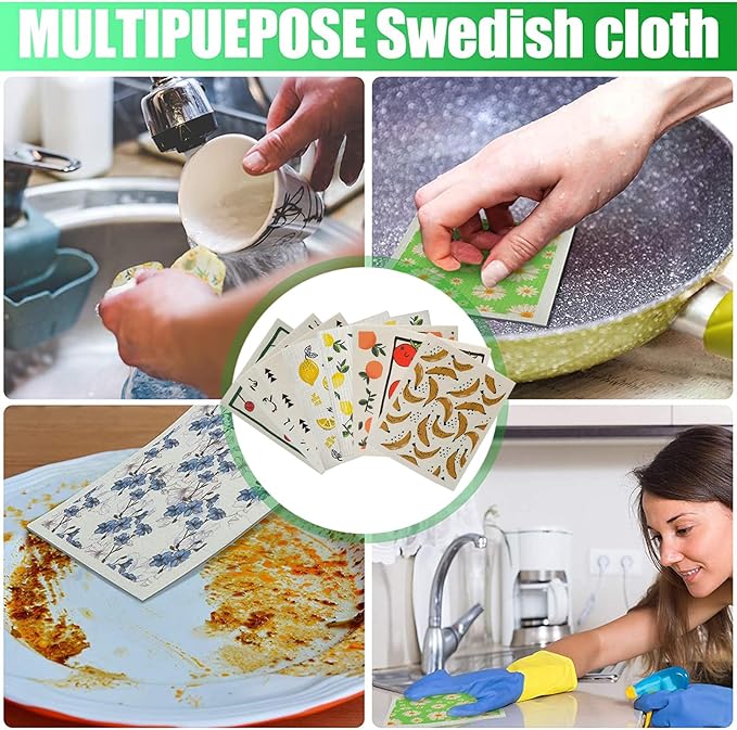 Reusable Swedish Dish Cloths | 8 Pack Absorbent Non Scratch Cellulose Cotton Cleaning Towels | Quick Dry Washable Eco Kitchen Wipes for Dishwashing Home Surfaces and Everyday Cleanup