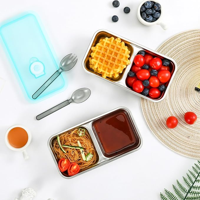 Stainless Steel Snack Containers with Lids, 4 Pack Reusable Grab and Go 2 Compartment Lunch Box for Travel & Outdoor Campin.