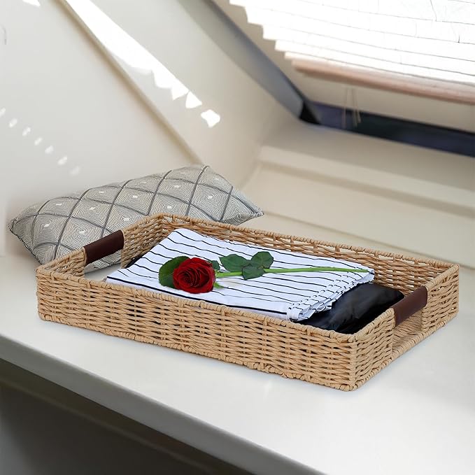 Handwoven Multipurpose Rectangle Rattan Tray, 20” x 12” – Durable Wicker Tray with Leather Handles for Home Decor Display