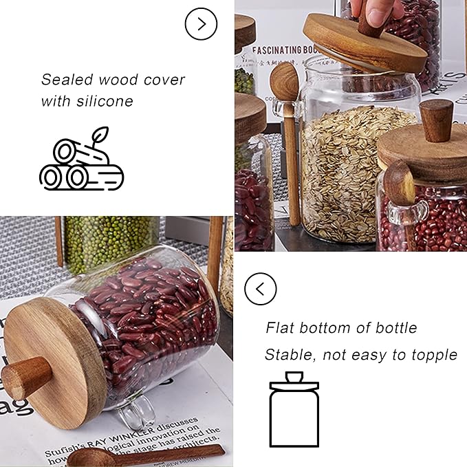 3PCS Spice Jars Overnight Oats Containers with Airtight Lid and Wooden Spoon,17 OZ Glass Food Storage Canisters, Glass Jars for Coffee Bean, Sugar, Dry Goods,Cookie,Candy,Cereal,Tea,Salt