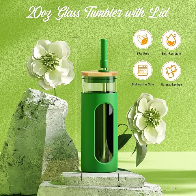 Tronco 20oz Glass Tumbler with Bamboo Lid and Straw, Glass Cup For Boba,Iced Coffee,Smoothie, Spill Proof Glass Water Bottle With Silicone Protective Sleeve, Dishwasher Safe,BPA Free