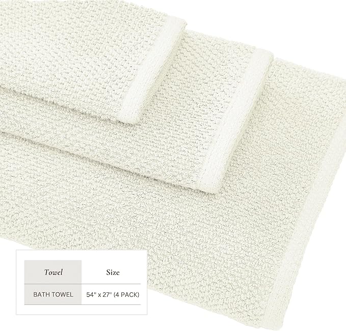 Great Bay Home Ivory Bath Towels - 100% Cotton 4 Pack 54x27 Bath Towel Set - Absorbent, Quick-Drying, Durable Towels for Bathroom Decor - Low-Twist, Two-Ply Fibers