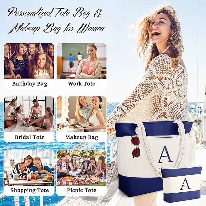 YOOLIFE Christmas Gifts for Women - Personalized Initial Canvas Beach Bags for Women Gifts for Mom Teacher Friend Birthday