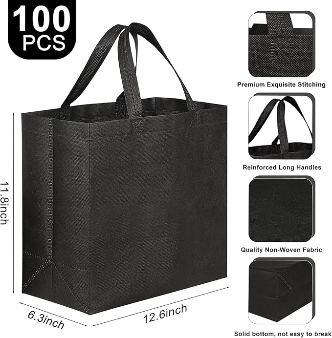 JERIA Black Reusable Totes Bag with Reinforced Handles Non Woven Bulk Shopping Bags
