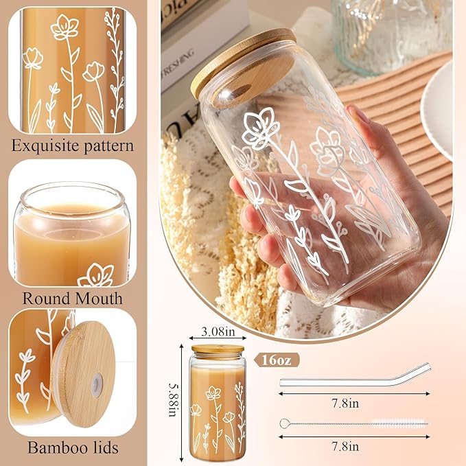 Mumufy Gift for Women Cute Glass Cup Tumbler Flower Iced Coffee Mugs 16 oz Glass with Bamboo Lid & Straw, Mothers Day Birthday Gift for Mom Sister Bridesmaid Baby Shower(1 Pack,Boho Floral)
