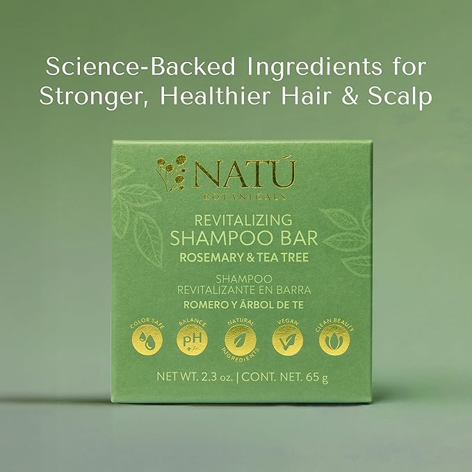 NATÚ BOTANICALS Revitalizing Shampoo Bar – Tea Tree Shampoo with Mint and Rosemary Oil for Hair Growth - Gently Cleanses & Promotes Healthy Hair – Eco-Conscious, Zero-Waste, Sulfate-Paraben-Free 2.3oz