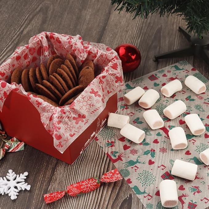 YBB 100Pcs Christmas Deli Wax Paper Sheets for Food, Basket Liners Food Picnic Paper Sheets Greaseproof Deli Wrapping Sheets, 10 x 8.6 Inch (Christmas)