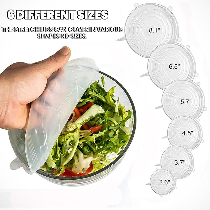 6pcs Silicone Stretch Lids – Reusable Food Covers for Bowls, Cups, Jars, and Containers – Durable, Expandable, Airtight Seal to Keep Food Fresh and Reduce Waste
