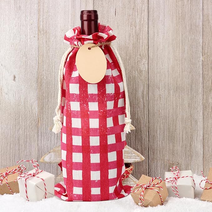 POPGIFTU 12 Pack Christmas Fabric Gift Bags with Drawstring — Reusable Red Canvas Holiday Gift Bags in Assorted Sizes with Gift Tags for Xmas Present Wrapping & Party Favors