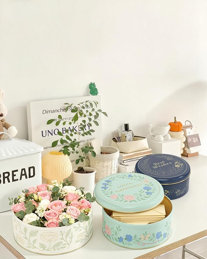 Floral Cookie Tins with Lids – Set of 3 Round Metal Storage Containers, Elegant Reusable Gift Boxes for Cookies, Treats & Keepsakes – Decorative Nesting Tin Set for Home & Kitchen