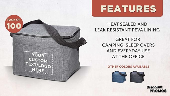 Custom Insulated Cooler Lunch Bag Set of 100, Personalized Bulk Pack - Perfect for Work, Travel, Outdoor Events - Grey