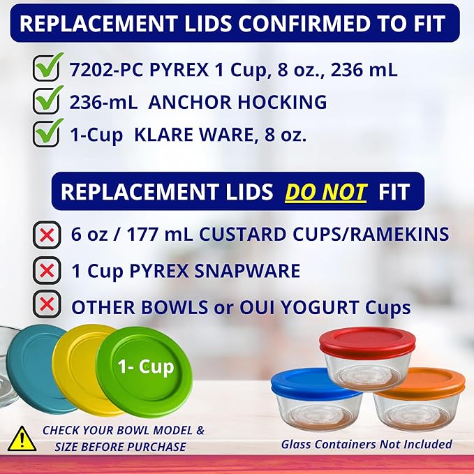 1, 2, 4 & 7 Cup Red, Spring Green, Purple, Pink Replacement Lids/Covers for Pyrex, Anchor Hocking & KlareWare Storage Bowls *Lids Only Glass Container Not Included* (8 Pack *Two of Each Size*)