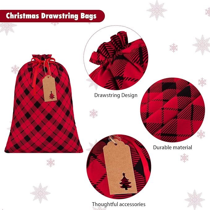 Aneco 15 Packs Christmas Buffalo Plaid Gift Bags with Drawstring Xmas Stocking Bags with 24 Pieces Kraft Tags for Gift Wrapping, Daily use, Assorted sizes