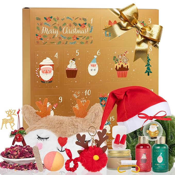 Advent Calendar 2025 Christmas Gifts for Women Mom - Luxury Gift Box with Brooch and Cute Sleeping Mask, Bath and Body Gift for Sister, Girlfriend, Wife, Mom｜Spa Set Bath Gift Idea for Female Friends